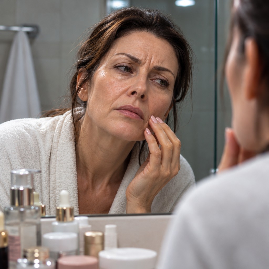 Mujer observando líneas de expresión en el espejo del baño