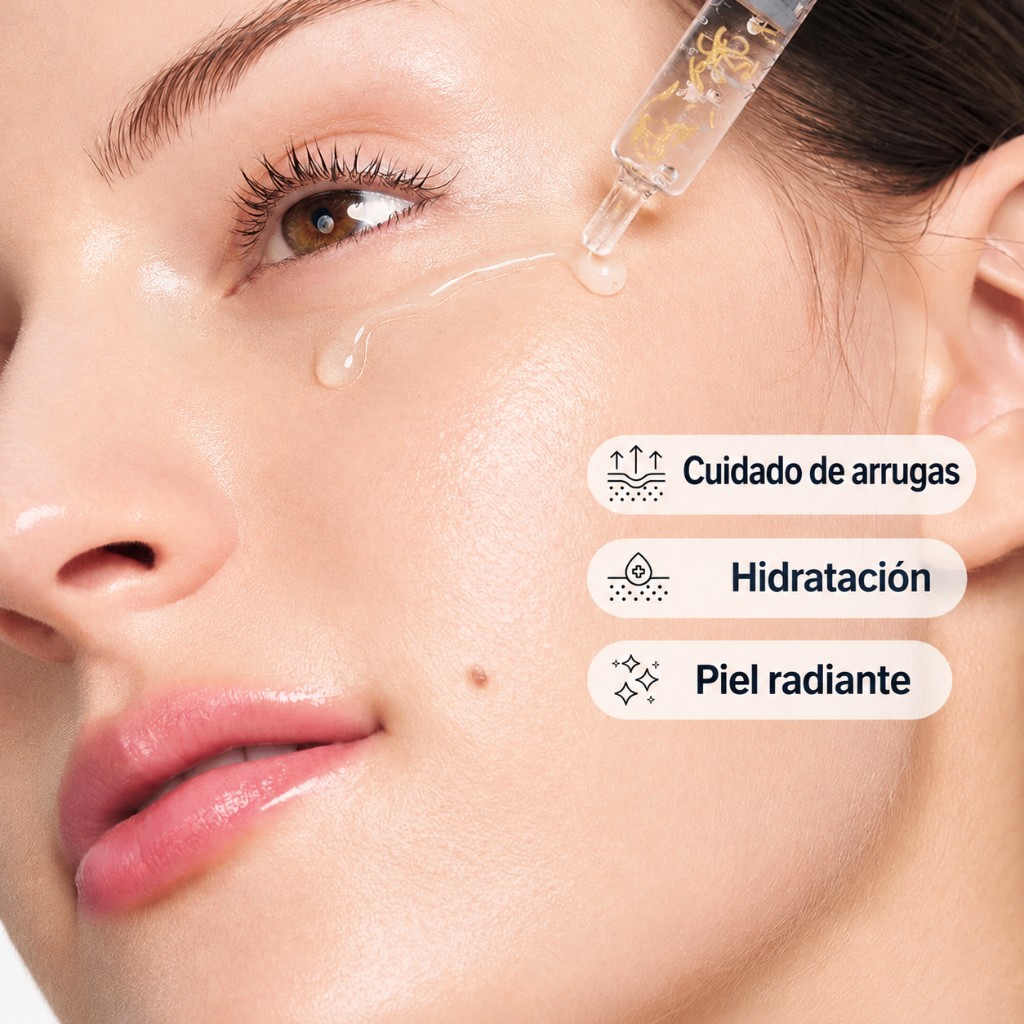Sérum aplicado en la mejilla — cuidado de arrugas, hidratación y piel radiante